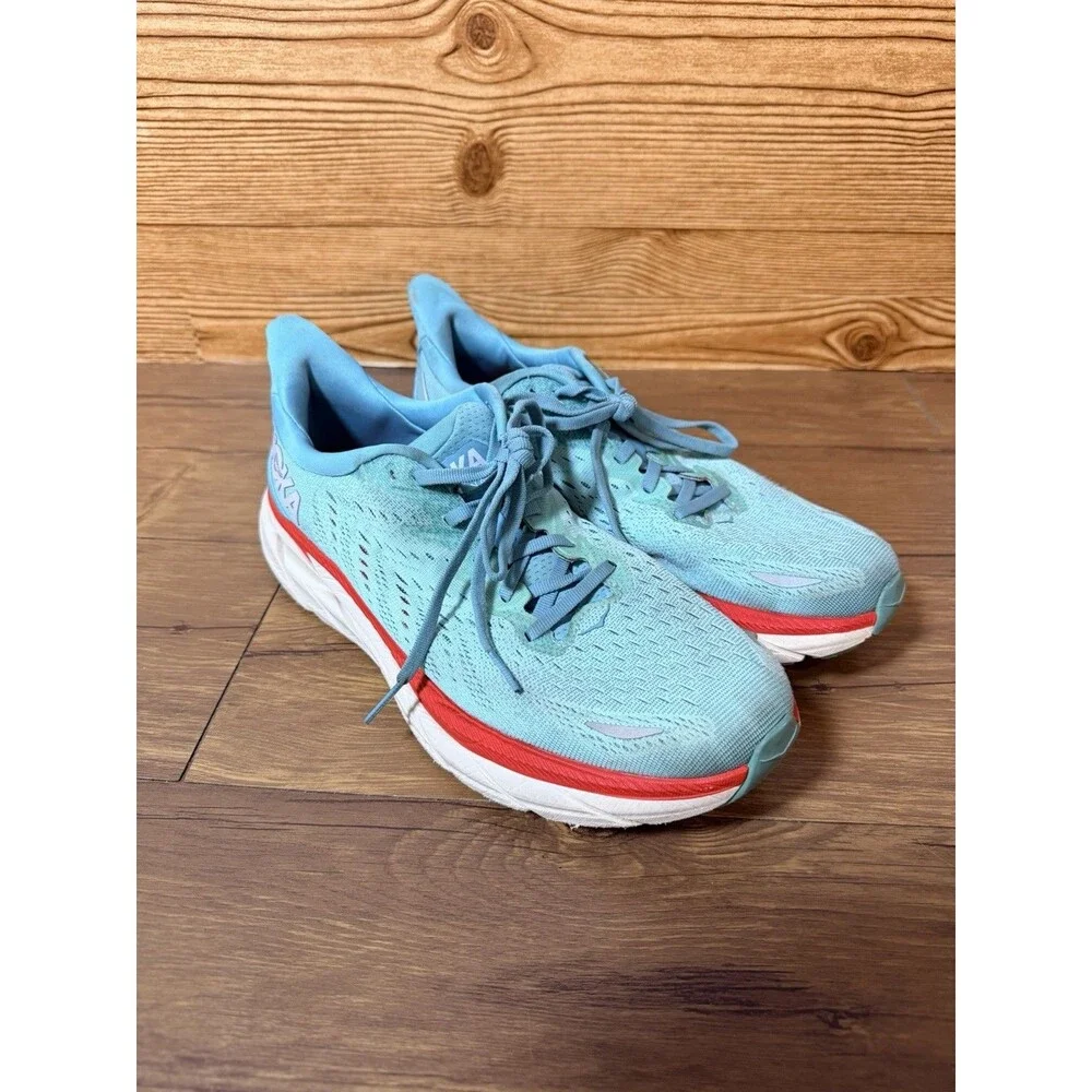 Hoka One One Clifton 8 Shoes Womens 9.5 Blue Red Athletic Running Shoes Sneakers